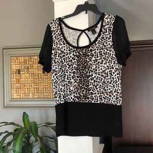 WHBM Leopard Print Top w/Sheer Cap Sleeves